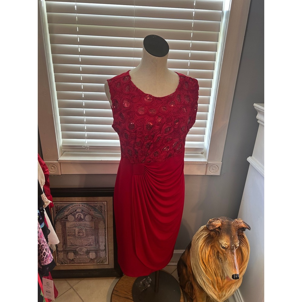 Enfocus Studio Red Rosette Sequin Cocktail Dress Womens 14 Sleeveless Sheath
